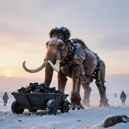 “photo of one biomechanical mammoth in an arctic storm with fog and blizzard, the mammoth drags old gigantic coal wagons with snow, it's a sunset photo with cold tones, some people around ”
