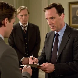 Adrian Monk is asking for an autograph from Shelock Holmes. Hercule Poirot is looks at them with disdain in the background. Trending on artstation, deviantart