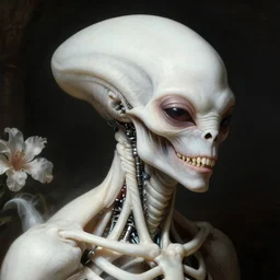 closeup portrait of white ribbed alien covered with ribs teeth white muscle tissue white mechanical metallic spine, soft bloom glow lucid dream - like atmosphere, baroque painting, harsh flash photo, perfect composition, detailed octane render trending on artstation, 8 k artistic photography, volumetric cinematic perfect light, chiaroscuro, masterpiece, raphael, caravaggio, beksinski, rutkowski, beeple