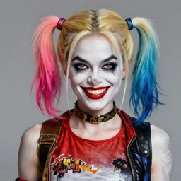 Harley Quinn, creepy smile, Mark Edward Fischbach, intricate, highly detailed, digital painting, artstation, concept art, smooth, sharp focus, illustration, Unreal Engine 5, 8K, art by artgerm and greg rutkowski and alphonse mucha