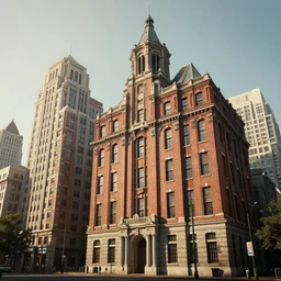 colonial skyscrapers made of brick and old details, light cinematic, volumetric, realistic, cinematic lighting, ray tracing, unreal engine 5, octane render, hyper realistic, photo, 8 k