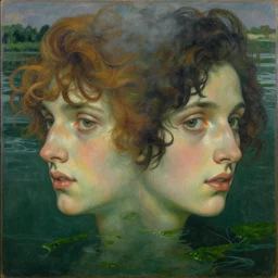 hyperrealist portrait in a river, close up half body face symmetrical, dark green water, algae, by alphonse mucha and lucian freud and bouguereau, foggy twilight lighting, very detailed faces