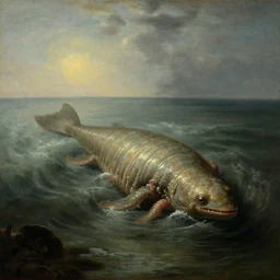 anomalocaris at tempestuous sea, cambrian fauna, paleoart, rembrandt baroque painting, dutch golden age painting, ludolf backhuysen sea painting, mysterious, ambient light, dramatic light, soft colours