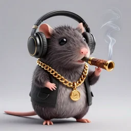 gangster rat wearing headphones and a gold chain, smoking a blunt, anthropomorphic, 3d render, blender, 4k