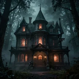 Victorian haunted house in a creepy forest, sinister horror villain, random architecture mansion crowded, strange, eerie human lights and shadows on the windows, unique highly detailed gothic style raygun and very realistic photography, volumetric fog, environmental depth perspective trending on artstation, high quality printing, fine art with subtle redshift rendering