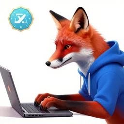 a close-up profile shot of a red fox in a blue hoodie typing in a notebook computer, white background, concept art, synthwave style, digital art picture, highly detailed, artstation, badge