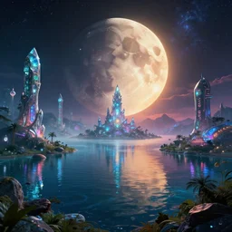 reclaimed by nature by moon hoon, crystal synthwave extraterrestial lake universe cgsociety elysian otherworldly myst sunlight atlantis gem neon signs architecture island hyperrealism nature bladerunner 2 0 4 9 sea cosmic sunset postcyberpunk uv light darkacademia vice city, archdaily, wallpaper, highly detailed, trending on artstation.