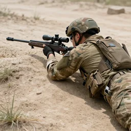future soldier laying down with sniper rifle ready to shoot enemy