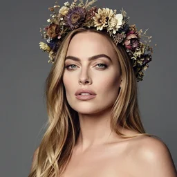 fine art photo of the beauty goddess margot robbie, she has a crown of dried flowers, by oleg oprisco