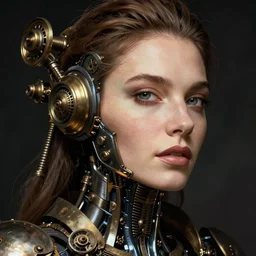 close - up portrait of a beautiful female steampunk android in the style of ex machina,