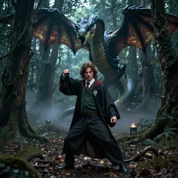 film still of salazar slytherin, standing in dark forest with a giant snake basilisk at night, glamour pose, deep focus, dramatic lighting, octane, mist, steve mccurry, volumetric lighting, 8 k