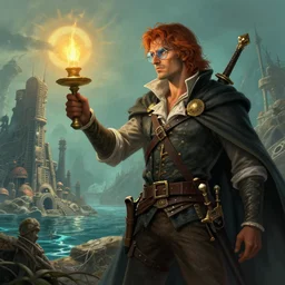 concept art of a smart swashbuckler holding a candle holder discovering a sunken city, glasses, wearing a cape highly detailed, digital art, illustration, artstation, very detailed, 4 k