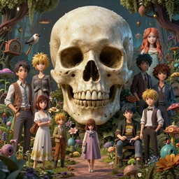 highly detailed surreal vfx portrait of a skull statue in a wonderland, stephen bliss, unreal engine, greg rutkowski, loish, rhads, beeple, makoto shinkai and lois van baarle, ilya kuvshinov, rossdraws, tom bagshaw, alphonse mucha, global illumination, detailed and intricate environment