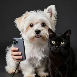 a maltese dog taking a selfie with a black cat