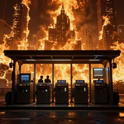 this toll booth, like the rank of booths, was dark. girders wheeled by him, left and right. beyond, the burning city squatted on weak, inverted images of its fires. by hugh ferriss, james paick, greg rutkowski, aaron horkey, trending on pinterest, blade runner 2 0 4 9, luxury, mythological, ultra realistic, high detail, golden ratio, cinematic lighting, maximalist