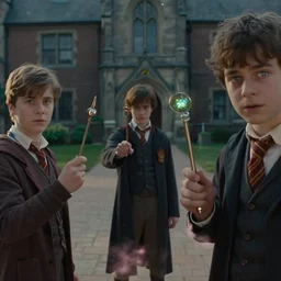 sharp, detailed, film from a 2 0 1 9 sci fi 8 k movie, set in 1 8 5 0 in an alternate universe, mid distant shot of three students practicing magic, outside the school of magic, good special effects, wearing 1 8 5 0 s clothes, atmospheric lighting, in focus, reflective eyes, 3 5 mm macro lens, live action, nice composition