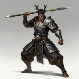 a highly detailed illustration of fierce african samurai wielding spear, heroic spear wielding pose, intricate, elegant, highly detailed, centered, digital painting, artstation, concept art, smooth, sharp focus, league of legends concept art, wlop.