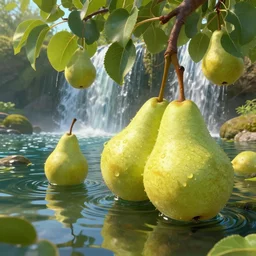 close up of low hanging pears over a pond, waterfalls, by james gurney, low angle shot, concept art, intricate, hyper detailed, volumetric lighting, sharp focus, octane render, trending on artstation, 8 k