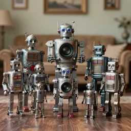 closeup portrait of tin toy soldiers retro living room of robot family, depth of field, zeiss lens, detailed, centered, fashion photoshoot, by nicoletta ceccoli, mark ryden, lostfish, breathtaking, 8 k resolution, extremely detailed, beautiful, establishing shot, artistic, hyperrealistic, octane render, - h 8 0 4