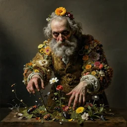 creepy old man made of flowers and insects by theodore gericault caravaggio dirck van baburen, dutch golden age, dramatic lighting, chiaroscuro, modern, xf iq 4, 1 5 0 mp, 5 0 mm, f 1. 4, iso 2 0 0, 1 / 1 6 0 s, natural light, photoshop