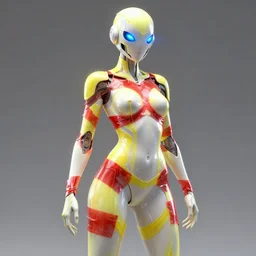 a full body character design, trending on artstation. laser white and yellow tape and red translucent plastic tape attctive showgirl!! sci - fi helmet with blue glowing eyes!! sharp edges. contour light!! ultra detailed, elegant, intricate, octane render.