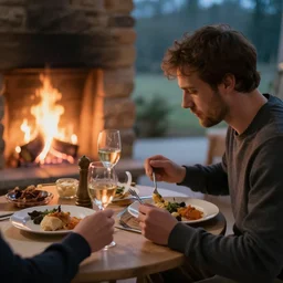 man eating dinner with a log fire on a table romantic soft focus