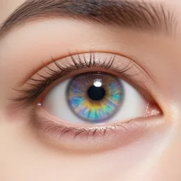 a high detailed close up photo of a woman eye with three iris of rainbow colors