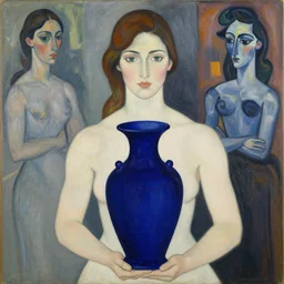 woman with painted vase. deep dark indigo blue. henri de toulouse - lautrec, egon schiele, utamaro, picasso