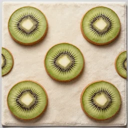 professional hasselblad photo of rug texture with massive kiwi fruits ornaments, top view, symmetrical, beautiful