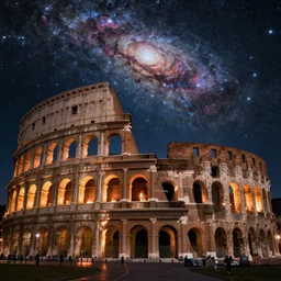 colliseum burning to the ground, galaxy sky night