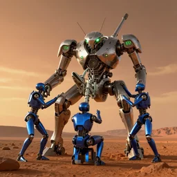 3 humanoid blue metallic robote repairing a giant mechanical futuristic silver metallic robot that looks like a mantis with glowing green lamps on the surface of mars with sunset, hyperdetailed, realistic