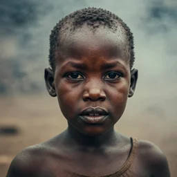 realistic photography of a african woman 3 5 years old, short hair, few wrinkles around eyes, cinematographic, street photography in rwanda, cinematic light, close up view, grainy image, intense, smoke and fog around, filth and grim, 5 0 mm lens