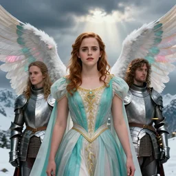 royalty angel, big wings, argentina, emma watson and karen gillan, hudson river school, max rive, full plate armor with cloth, f 1 6, bokeh, gentle, female, snowy mountain, storm clouds, god rays, close up portrait, d & d, fantasy, elegant, teal pink white gold color palette, concept art, roger deakins and greg rutkowski and alphonse mucha