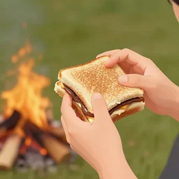 a human eating a smore sandwich by a campfire