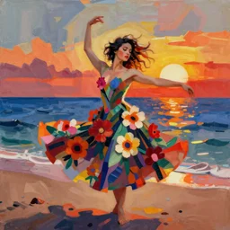 woman woman dressed in flowers dances by the ocean at sunset, abstract art in the style of cubism and georgia o'keefe,