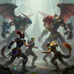 hyperrealism fantasy creatures fight scene with characters from league of legends portrait, digital art, wallpaper of an fantasy fight, background of sci fi city in fog, diffused lighting, extremely detailed, 8 k, sharp, trending dop hdr, pure