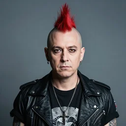 man with a red dyed mohawk, dressed in punk clothing, portrait photo