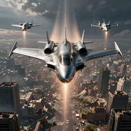 art of sci - fi aircraft fly on hypersonic speed on the battlefield, ruined city environment, symmetrical, render, ray tracing, volumetric light, artstation