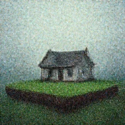 An uncanny house in the background, in a flat green grass platform, depressing.