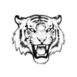white logotype, fearless tiger head with very aggressive mouth, lethal, as a very simple quick sketch in very thin black ink
