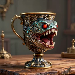 fantasy dnd cup with piranha bloody mouth tooth at side, evil eyes, standing on wooden table by greg rutkowski, high key lighting, volumetric light, digital art, highly detailed, fine detail, intricate, ornate, complex, octane render, unreal engine, photorealistic