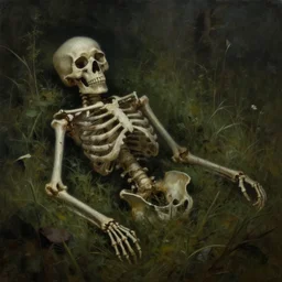 dark, beautiful atmospheric painting of decaying skeleton and bones. in a meadow
