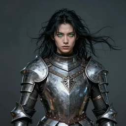 Dungeons and Dragons Portrait of a paladin. Plate Armor. Dark Flowing Chaotic Hair, Green Eyes