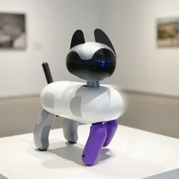a robot dog from boston dynamism with a purple paw in a gallery
