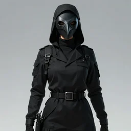 special forces hooded female plague doctor, special operative, dons a black uniform and a plague crow mask, long sleeves, turtleneck, trending on artstation, by yoji shinkawa