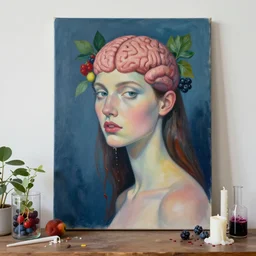 “ sensual portrait in a female art student ’ s apartment, brain, fresh fruit, berries, plants in scientific glassware, art materials, candle dripping white wax, berry juice drips, neo - expressionism, surrealism, acrylic and spray paint and oilstick on canvas ”