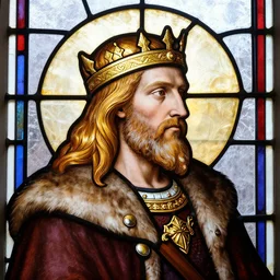 1 0 th century stained glass window, detailed side - view portrait of a nordic king, shiny golden headband, long hair, full beard, fur coat, masterful, backlit