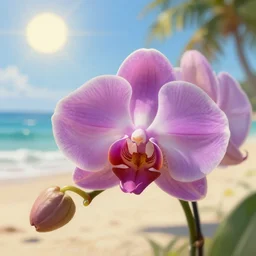 a beautiful orchid on a tropical beach, sun shine, ultra realistic, depth of field, digital painting, artstation