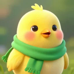 a cute yellow bird blushing wearing a green scarf, artstation, high quality, smooth, detailed