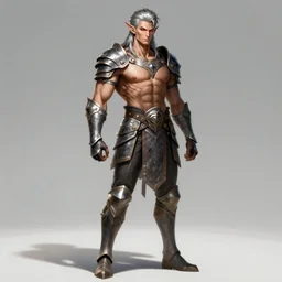 A full body illustration of a male elf, silver hair, red eyes, heavy armor, muscular, attractive, command presence, royalty, weathered face, gritty, hard shadows, smooth, illustration, concept art, highly detailed, muscle definition, ArtStation, ArtStation HQ